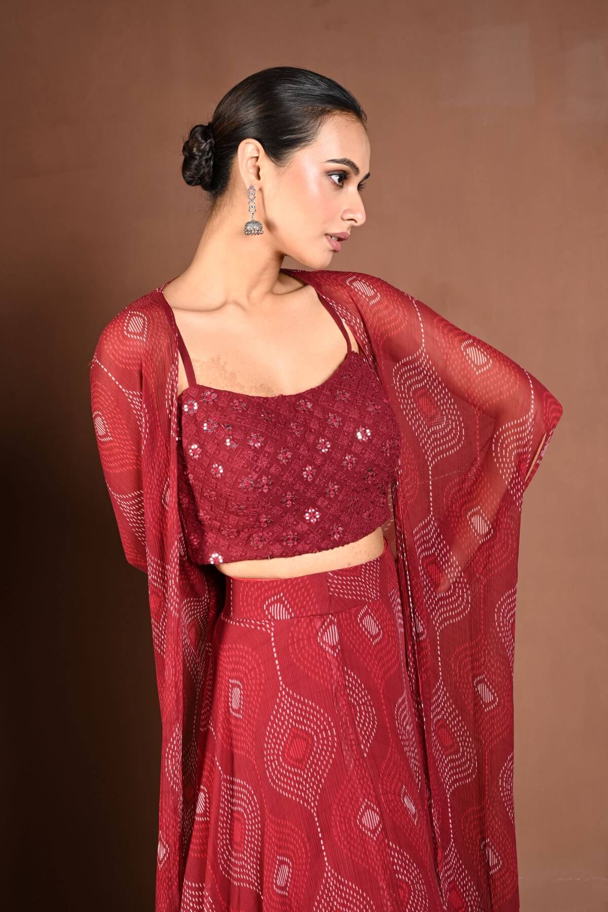 Maroon Cape - Style Lehenga with Bandhej Print and Sequin Choli - Anvi Couture