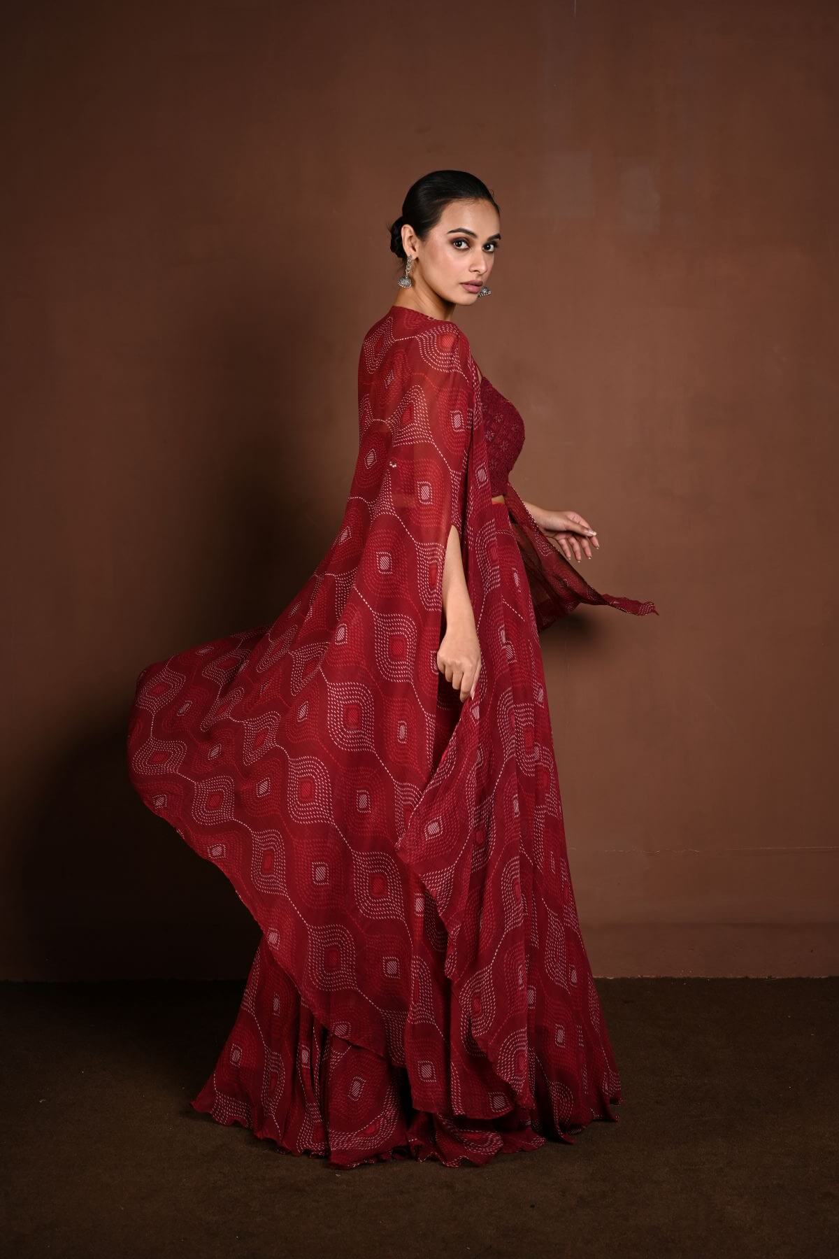 Maroon Cape - Style Lehenga with Bandhej Print and Sequin Choli - Anvi Couture