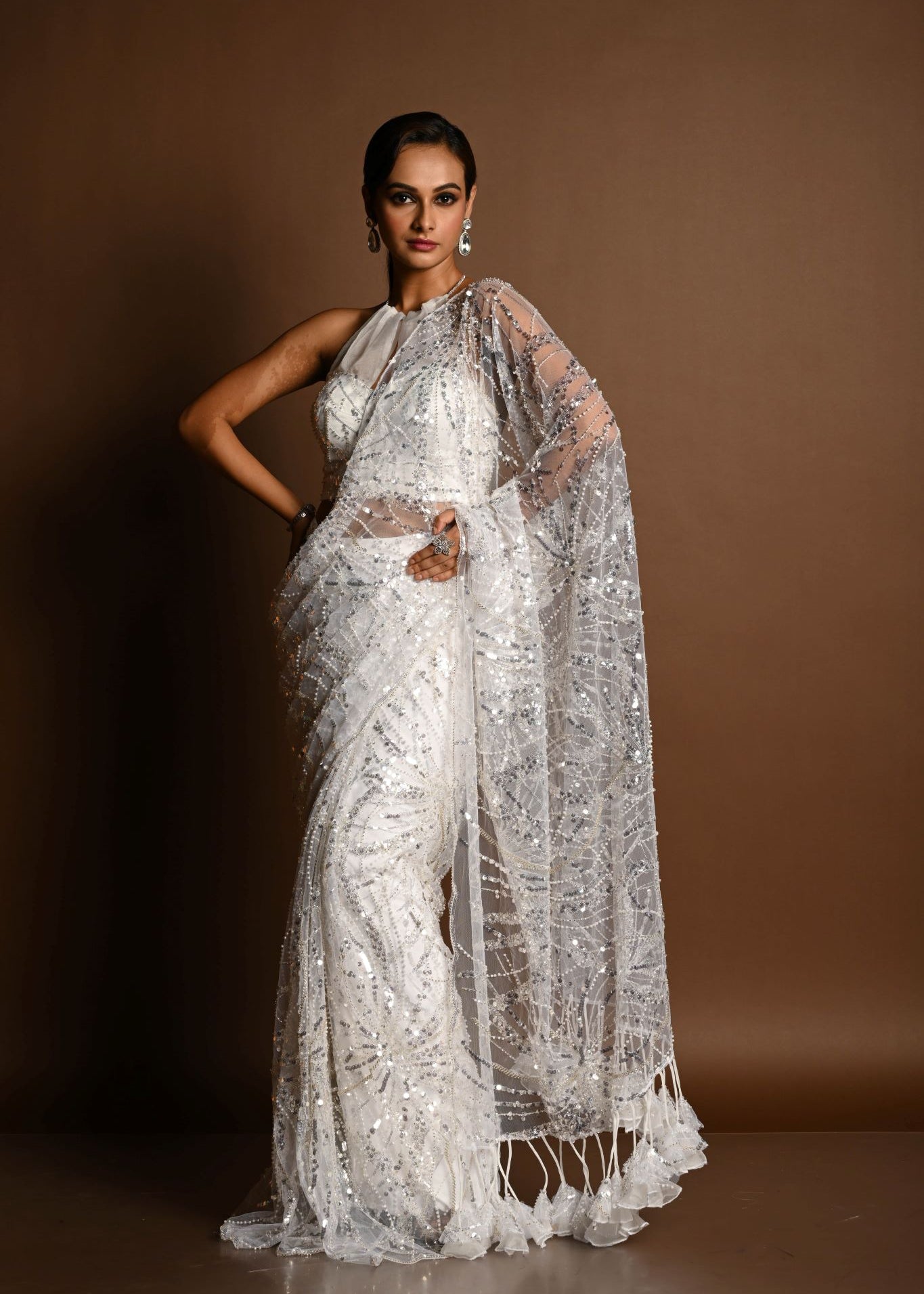 White Net Saree, Paisley Sequin Saree, Indian Bridal Wear, Designer Saree