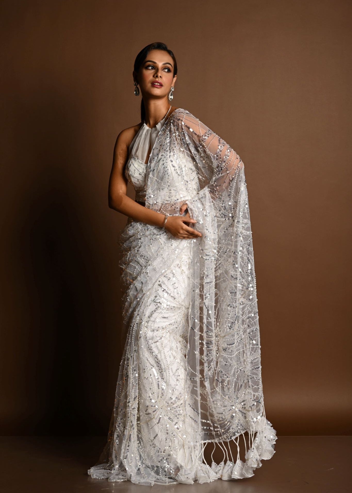 White Net Saree, Paisley Sequin Saree, Indian Bridal Wear, Designer Saree