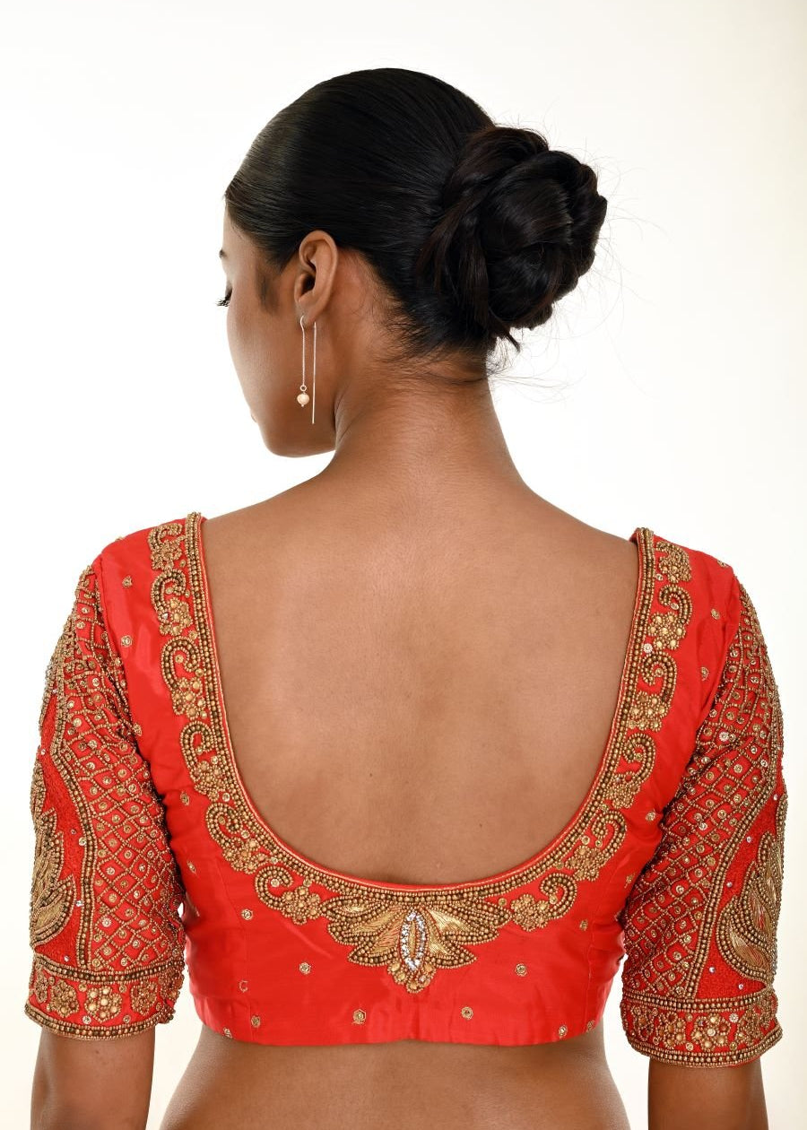 Red Bridal Blouse with Heavy Hand Embroidery - Anvi Couture