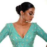 Ocean Green Brocade Blouse with V - Neckline - Anvi Couture