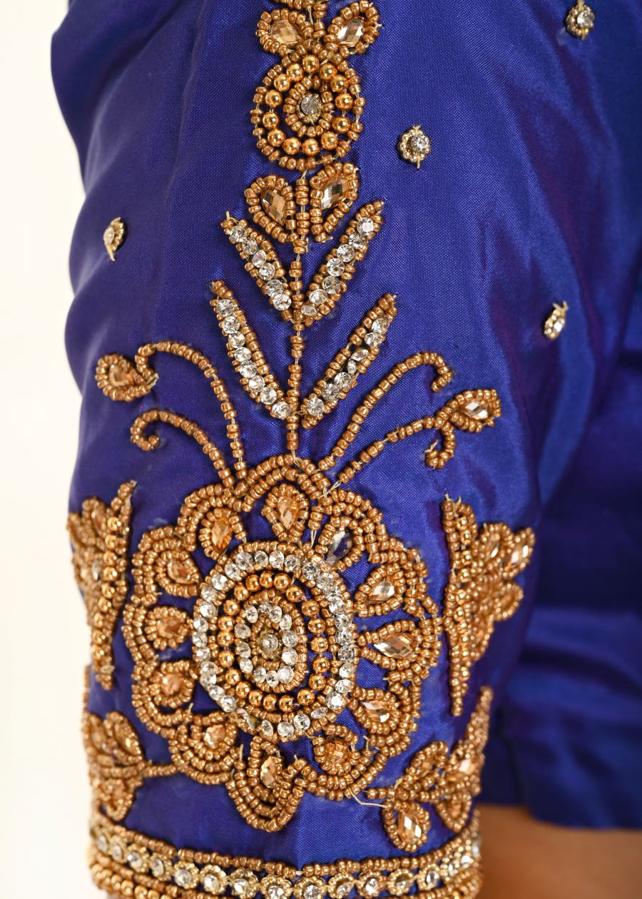 Royal Blue Pure Silk Bridal Blouse with Intricate Aari Hand Embroidery Work - Anvi Couture - Image 2