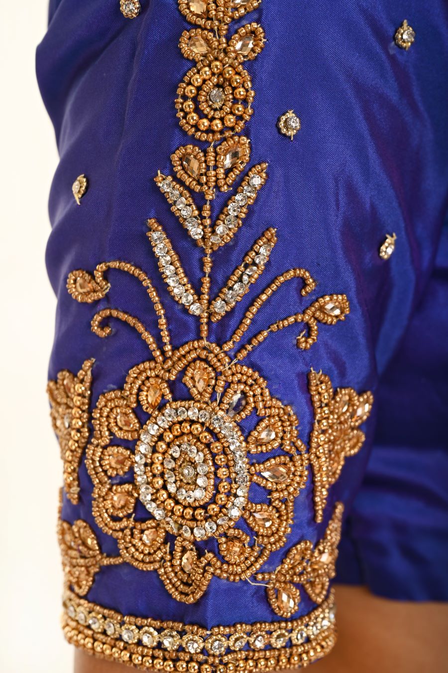 Royal Blue Pure Silk Bridal Blouse with Intricate Aari Hand Embroidery Work - Anvi Couture - Image 2