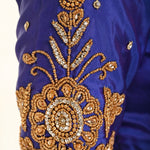 Royal Blue Pure Silk Bridal Blouse with Intricate Aari Hand Embroidery Work - Anvi Couture - Image 2
