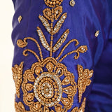 Royal Blue Pure Silk Bridal Blouse with Intricate Aari Hand Embroidery Work - Anvi Couture - Image 2
