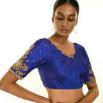Royal Blue Pure Silk Hand Embroidered Blouse for Bridal Wear - Anvi Couture - Image 1