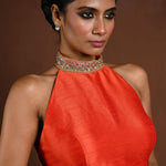 Orange High Neck Blouse with Sequin Collar and Back Closure - Anvi Couture