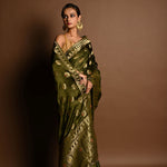 Olive Green Satin Silk Handloom Banarasi Saree - Image 4