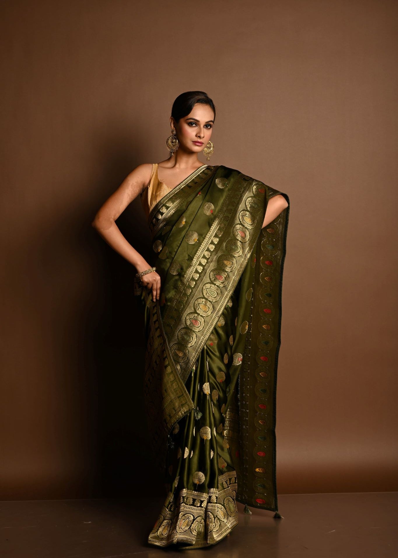 Olive Green Satin Silk Handloom Banarasi Saree - Image 1