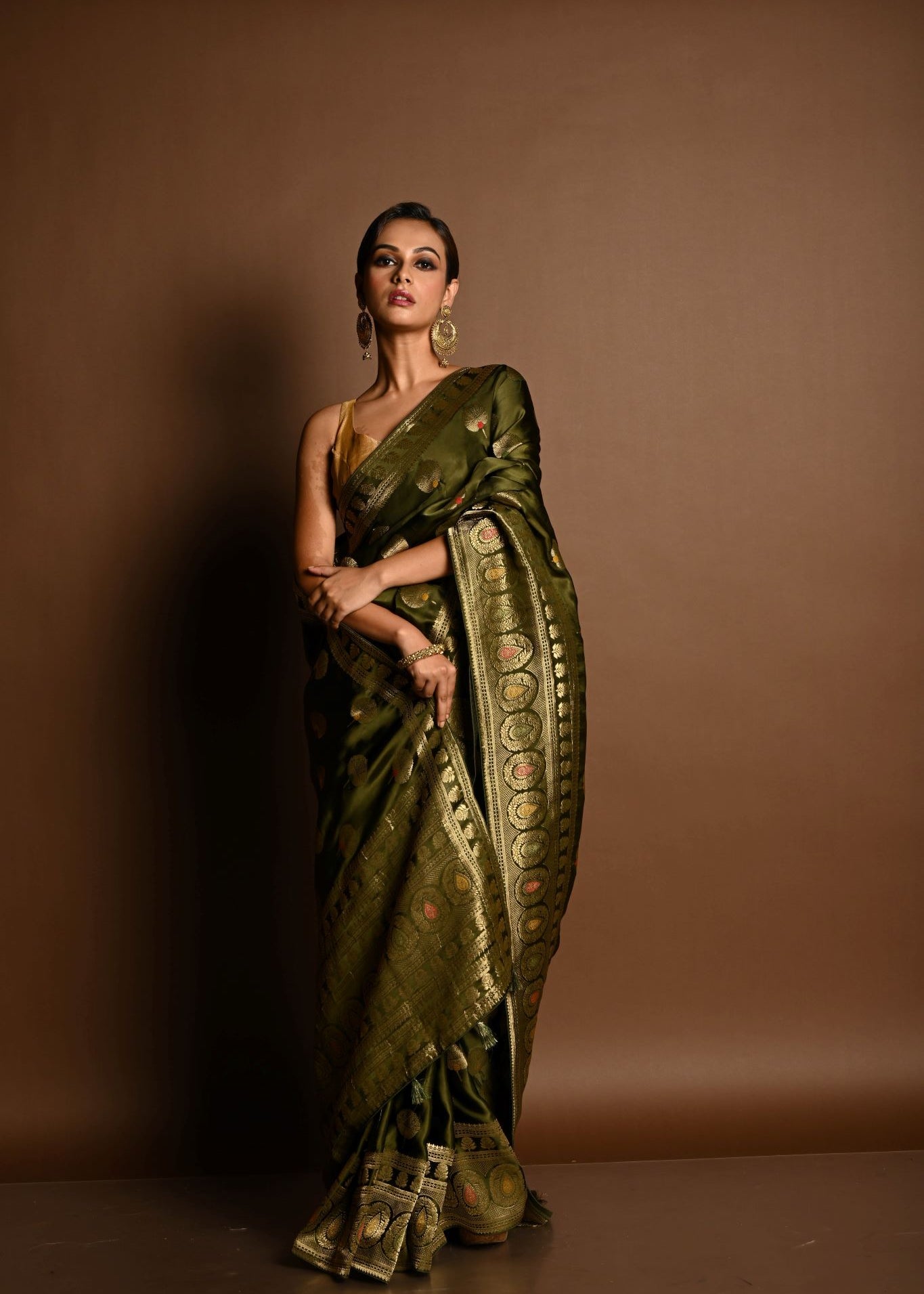 Olive Green Satin Silk Handloom Banarasi Saree - Image 2