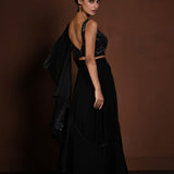 Black Party Wear Lehenga with Floral Motif Choli and Ruffle Dupatta - Anvi Couture