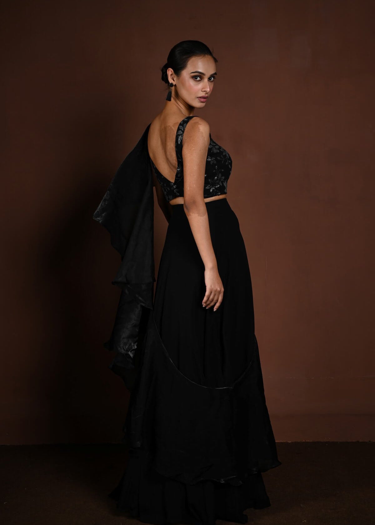 Black Party Wear Lehenga with Floral Motif Choli and Ruffle Dupatta - Anvi Couture