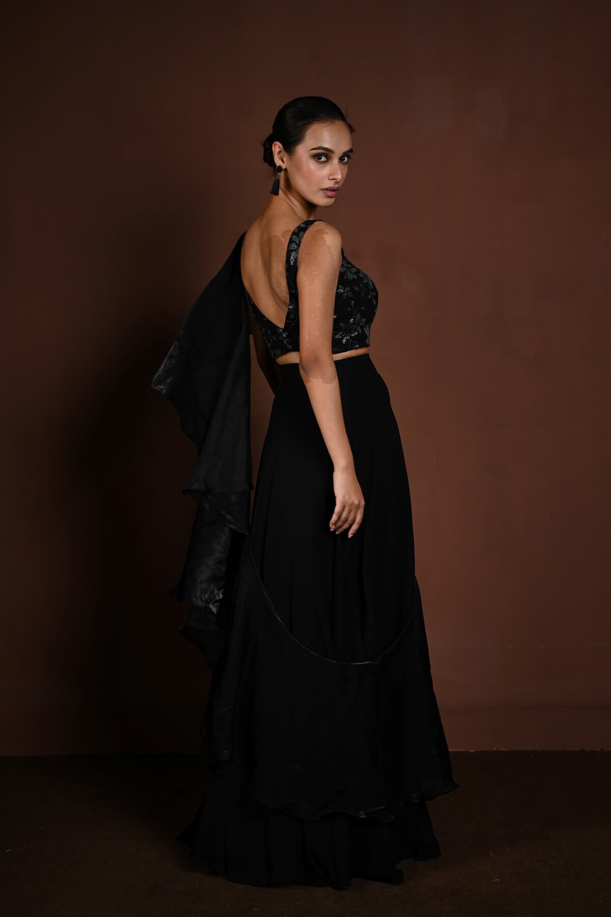 Black Party Wear Lehenga with Floral Motif Choli and Ruffle Dupatta - Anvi Couture