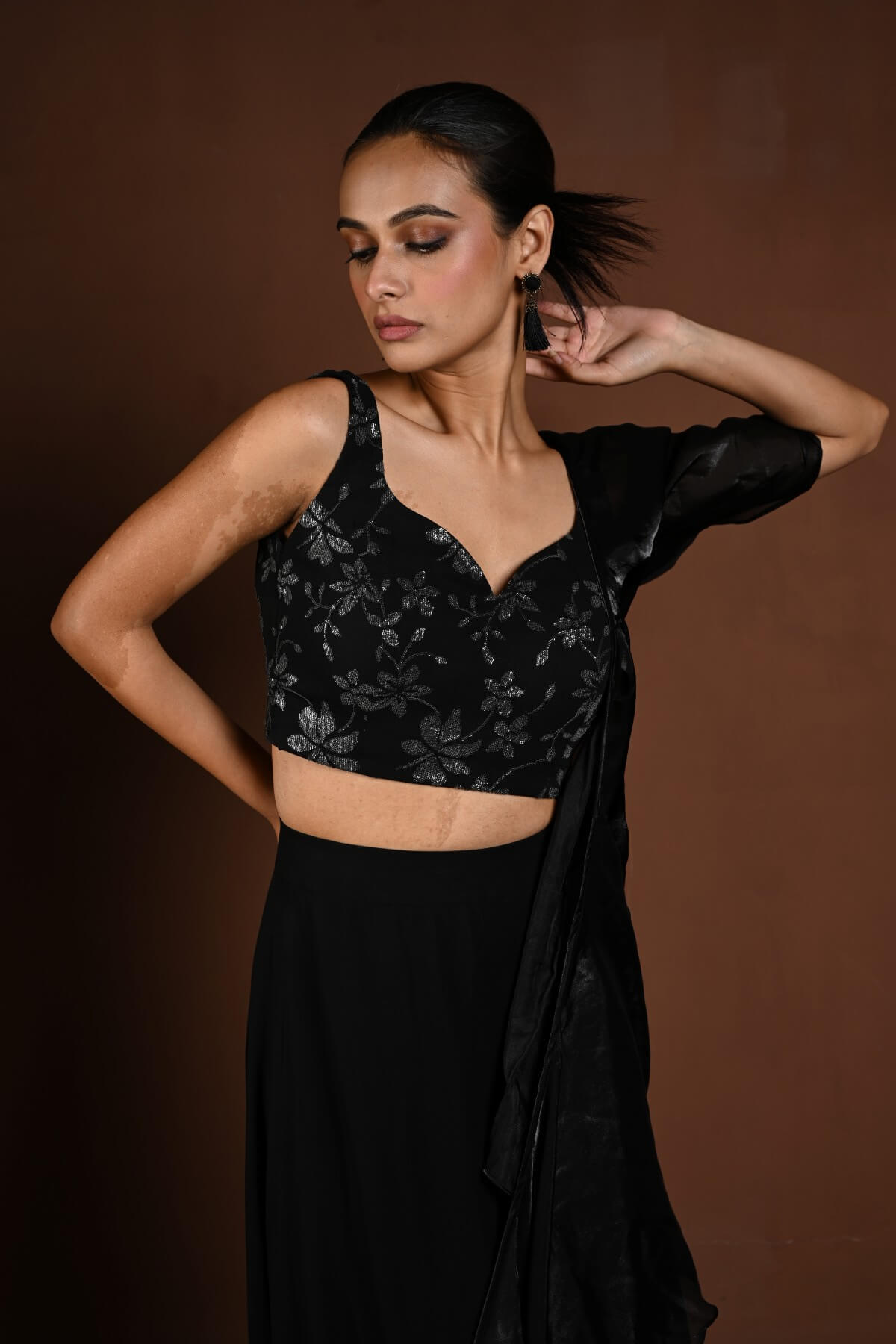 Black Party Wear Lehenga with Floral Motif Choli and Ruffle Dupatta - Anvi Couture
