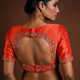 Orange Bridal Blouse with Half Sleeves in Raw Silk and Back Cutout - Anvi Couture