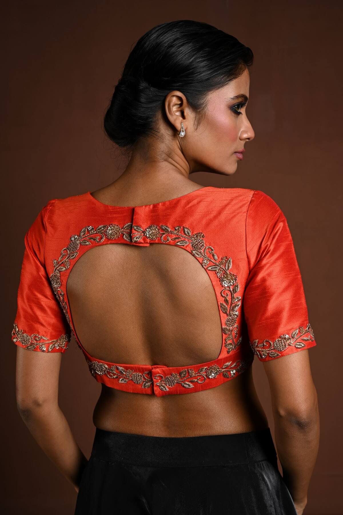 Orange Bridal Blouse with Half Sleeves in Raw Silk and Back Cutout - Anvi Couture