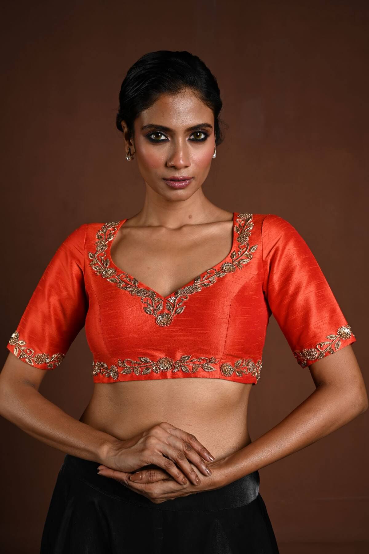 Orange Bridal Blouse with Half Sleeves in Raw Silk and Back Cutout - Anvi Couture