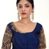 Buy Royal Blue Heavy Aari Work Bridal Blouse in Pure Silk - Anvi Couture - Image 1