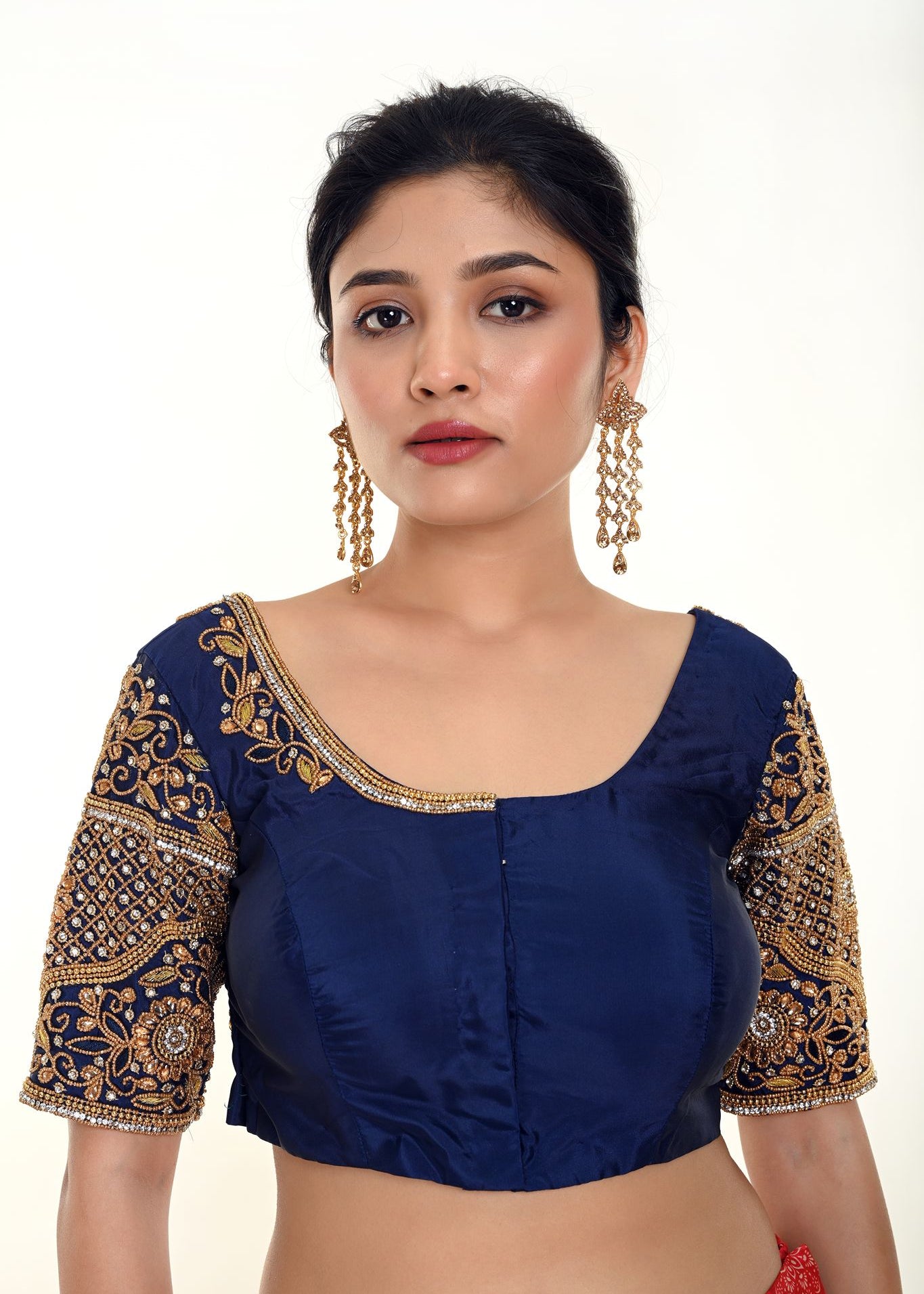 Buy Royal Blue Heavy Aari Work Bridal Blouse in Pure Silk - Anvi Couture - Image 1