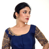 Shop this Royal Blue Aari Work Bridal Blouse in Pure Silk - Anvi Couture Image 3
