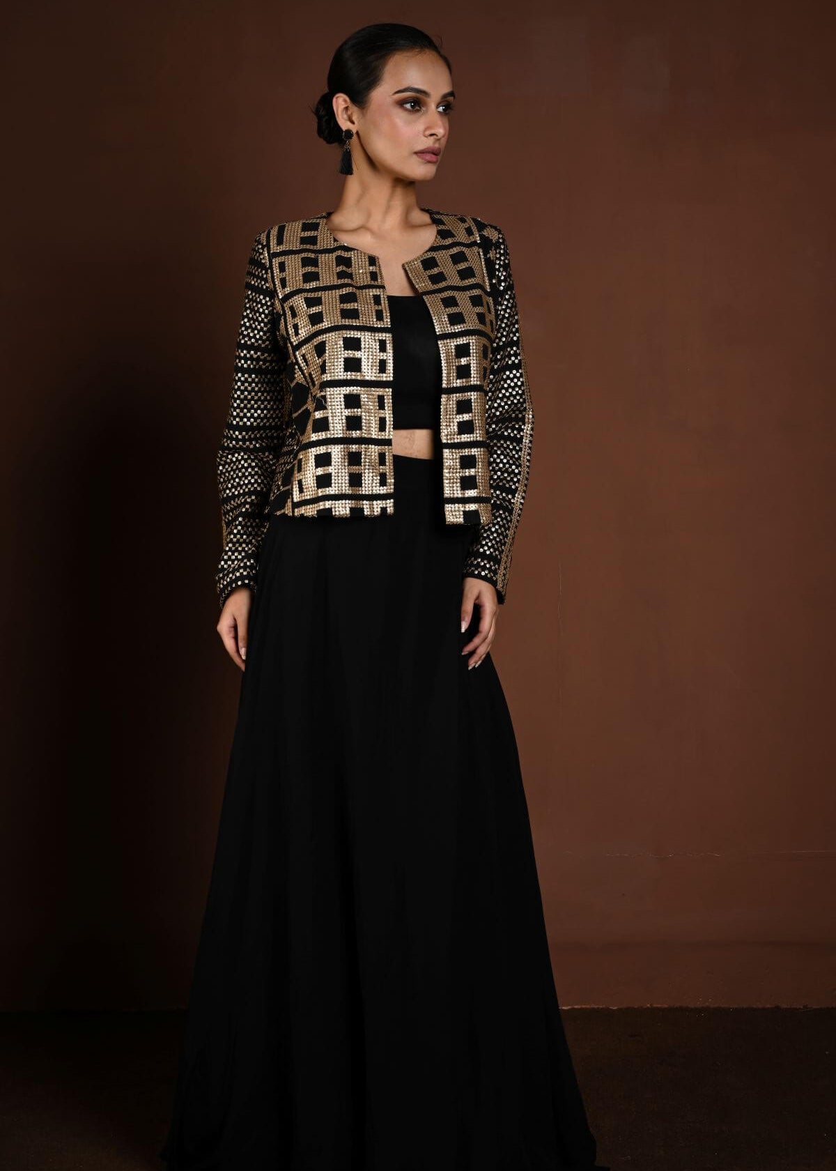 Black Jacket Lehenga with Gold Sequin Embellishment - Anvi Couture
