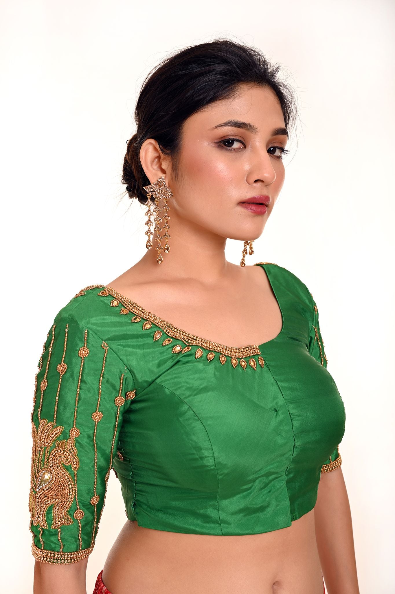 Simple Aari Work Blouse in Green Color Pure Silk Fabric - Anvi Couture Image 2 - Bridal Blouse