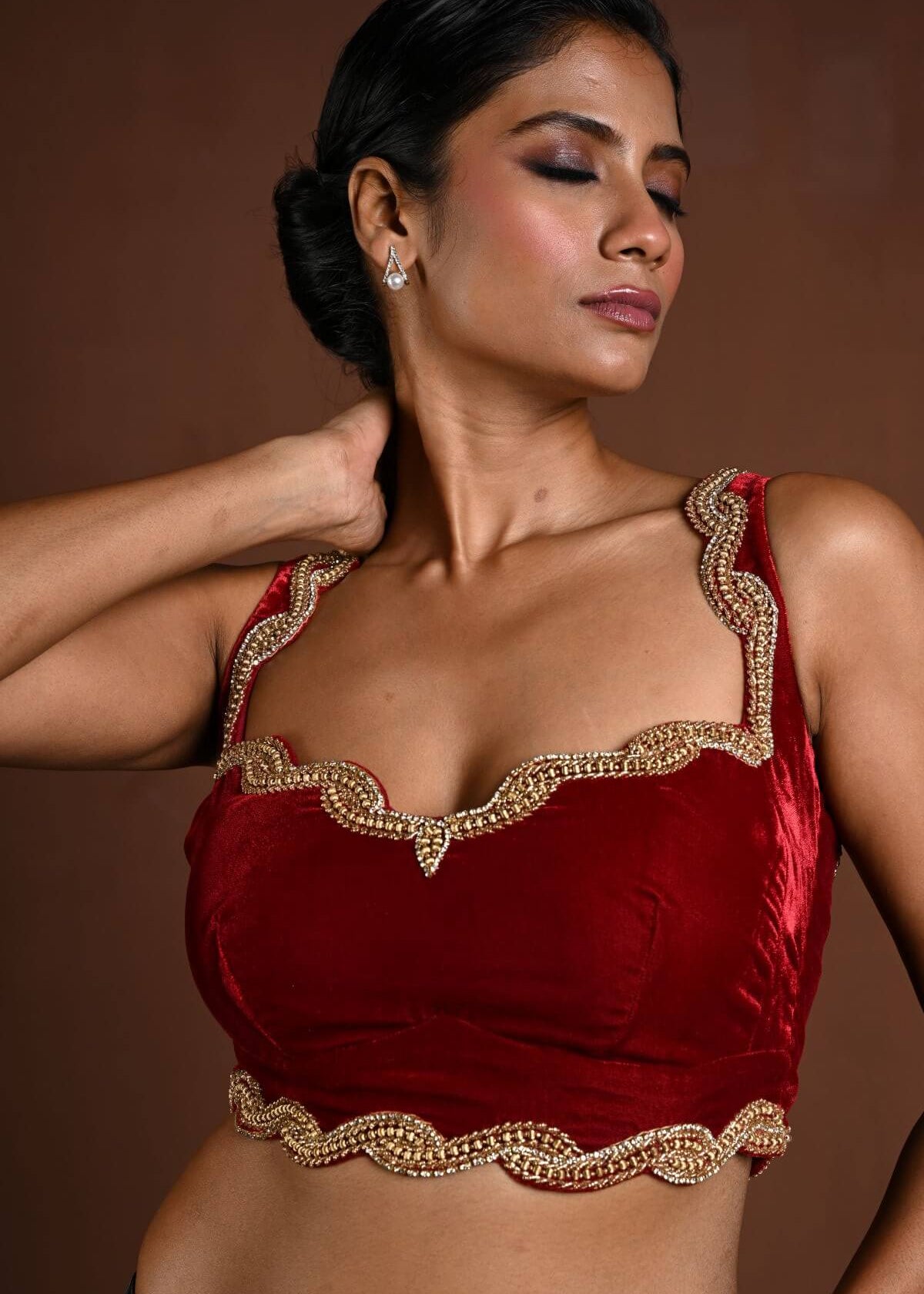 Maroon Sleeveless Blouse in Velvet with Hand Embroidery - Anvi Couture