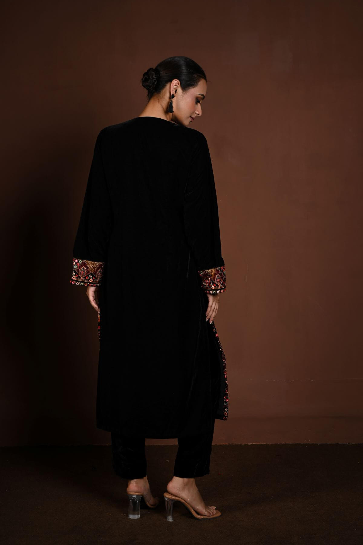 Black Velvet Kurta Set with Multicolor Embroidery Work - Anvi Couture