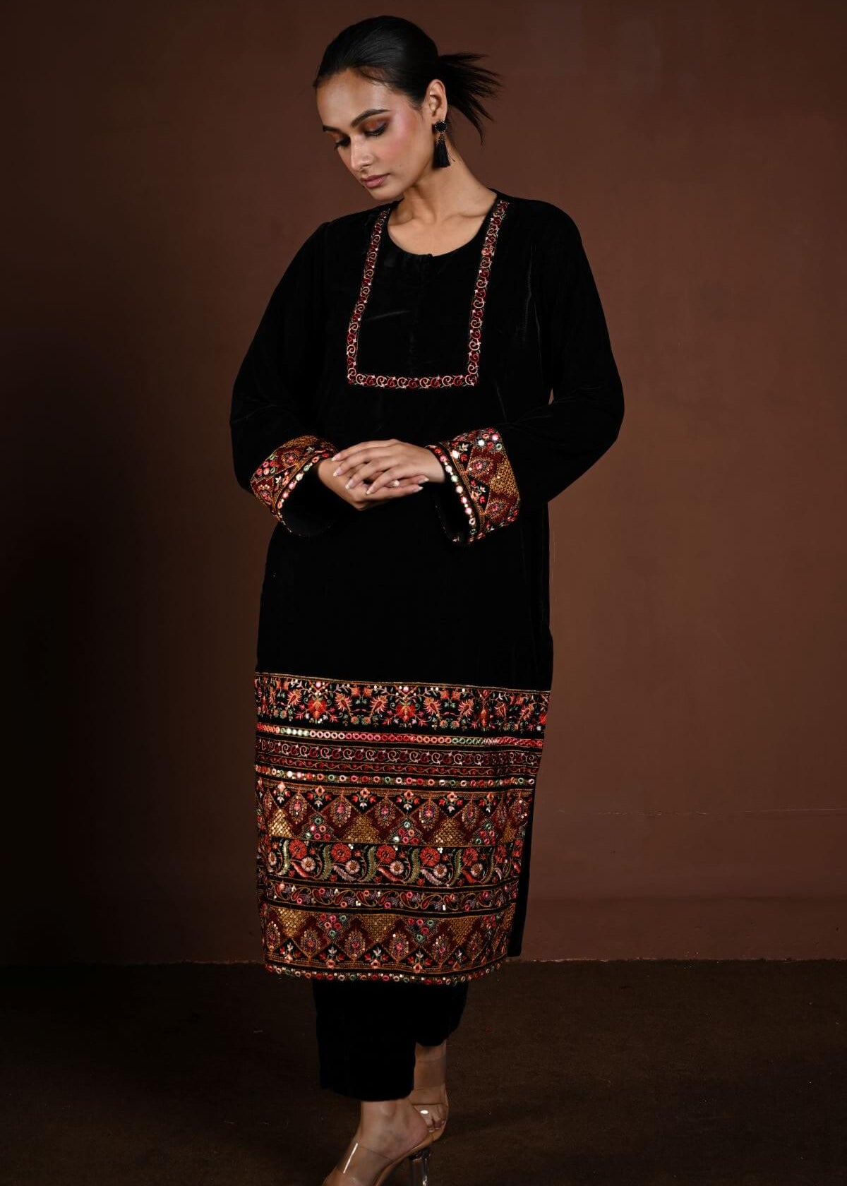 Black Velvet Kurta Set with Multicolor Embroidery Work - Anvi Couture