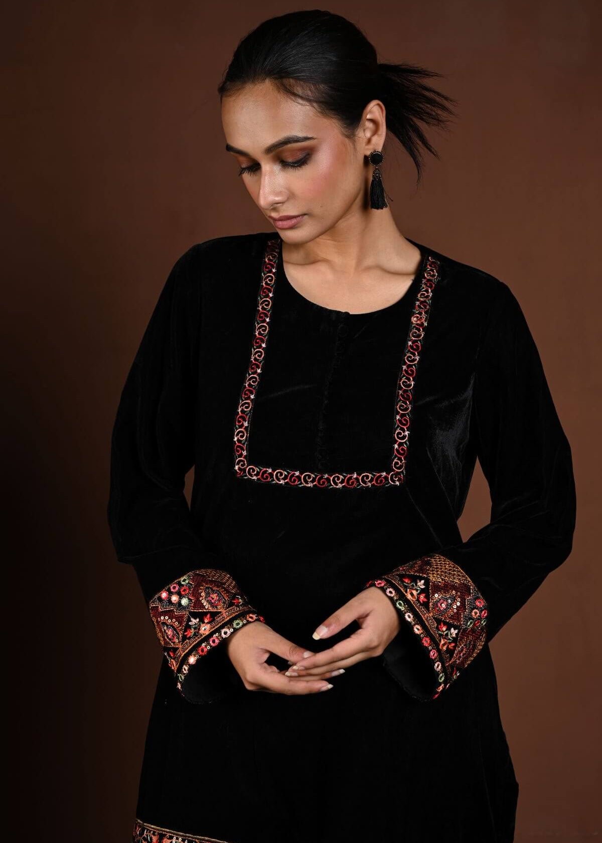 Black Velvet Kurta Set with Multicolor Embroidery Work - Anvi Couture