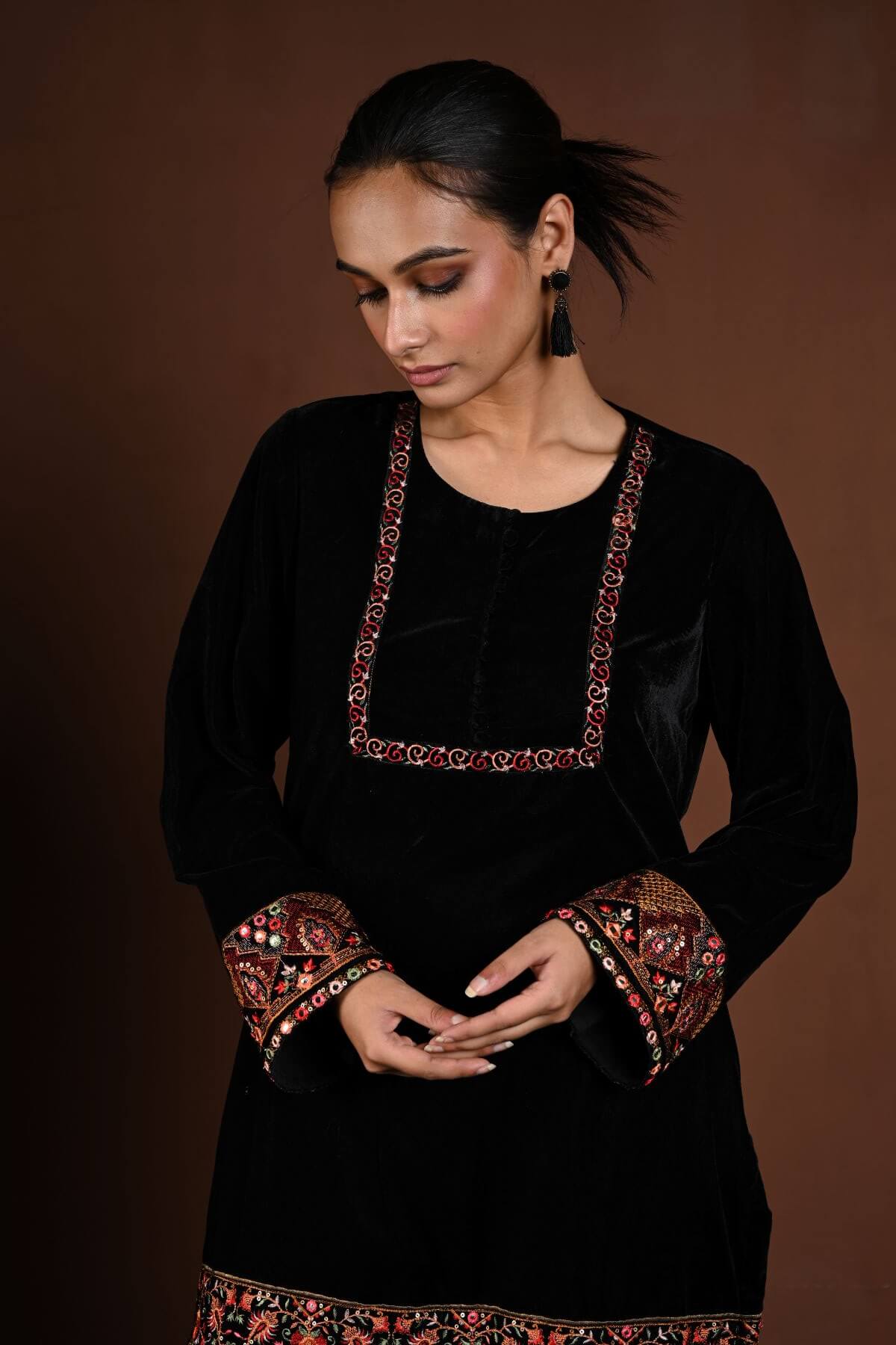 Black Velvet Kurta Set with Multicolor Embroidery Work - Anvi Couture
