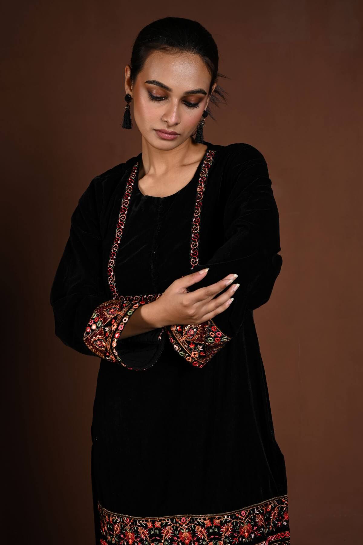 Black Velvet Kurta Set with Multicolor Embroidery Work - Anvi Couture