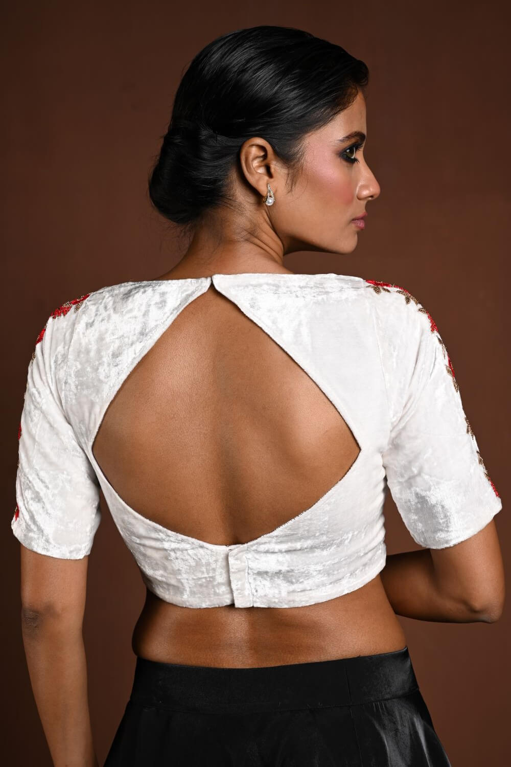White Half Sleeve Blouse with Hand Embroidery Work in Velvet and Back Cutout - Anvi Couture