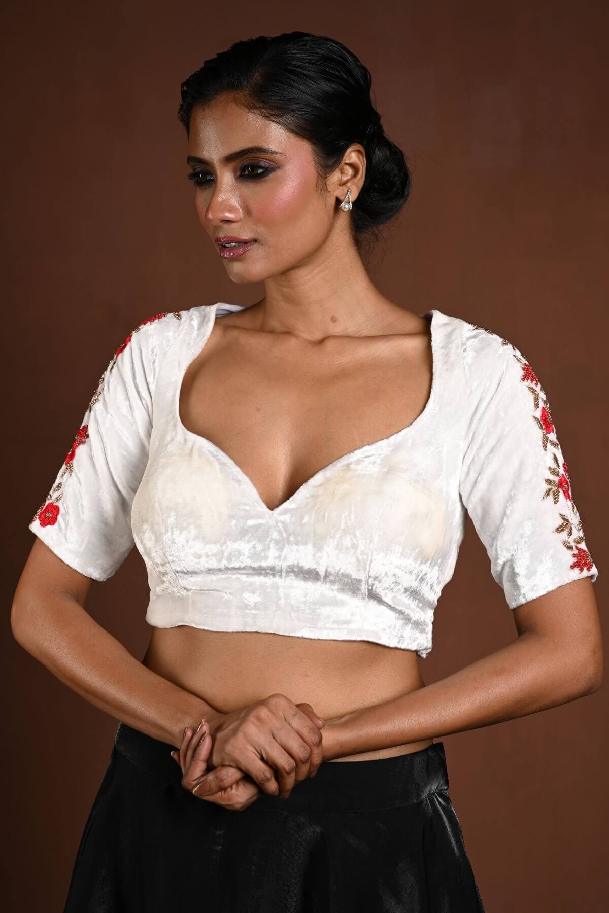 White Half Sleeve Blouse with Hand Embroidery Work in Velvet and Back Cutout - Anvi Couture