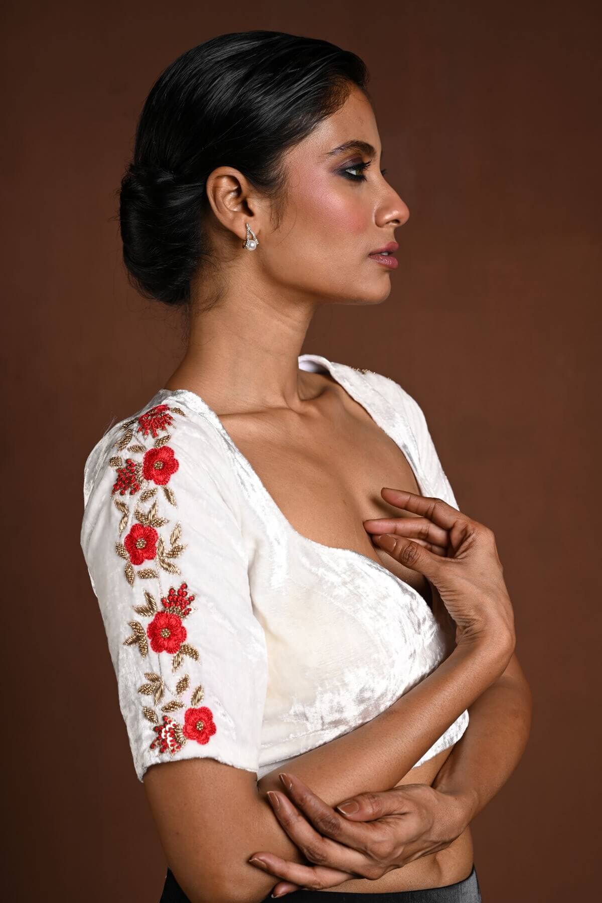 White Half Sleeve Blouse with Hand Embroidery Work in Velvet and Back Cutout - Anvi Couture