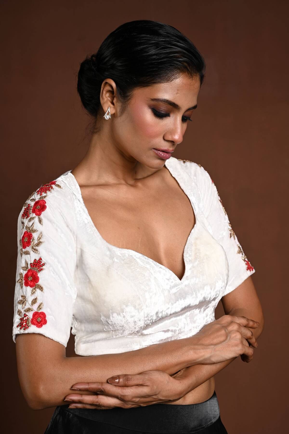 White Half Sleeve Blouse with Hand Embroidery Work in Velvet and Back Cutout - Anvi Couture