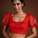 Red Puff Sleeve Blouse with Floral Embroidery - Anvi Couture