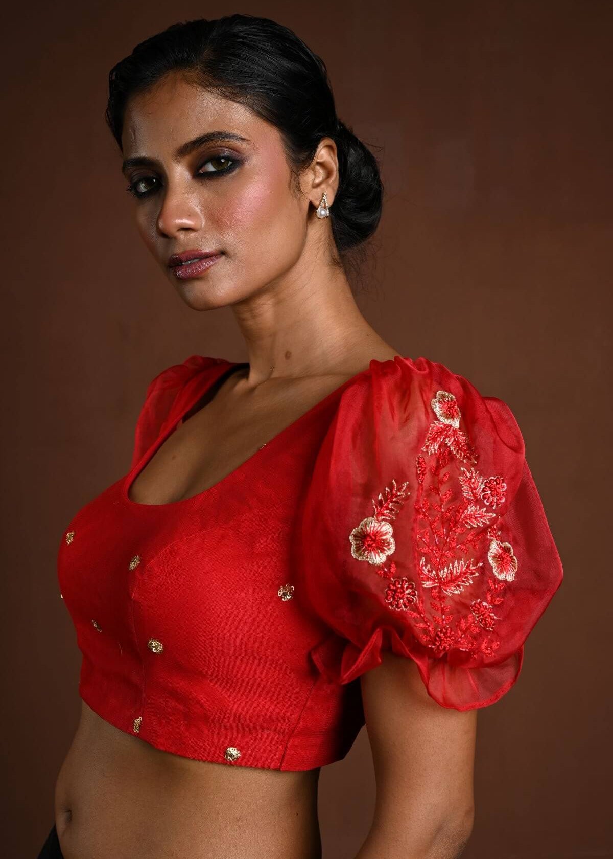 Red Puff Sleeve Blouse with Floral Embroidery - Anvi Couture