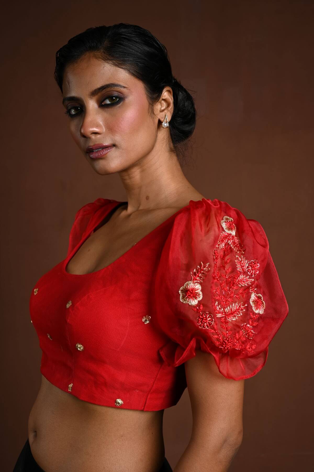 Red Puff Sleeve Blouse with Floral Embroidery - Anvi Couture