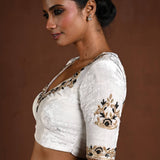 White Embroidered Blouse in Velvet with Half Sleeves and Back Cutout - Anvi Couture