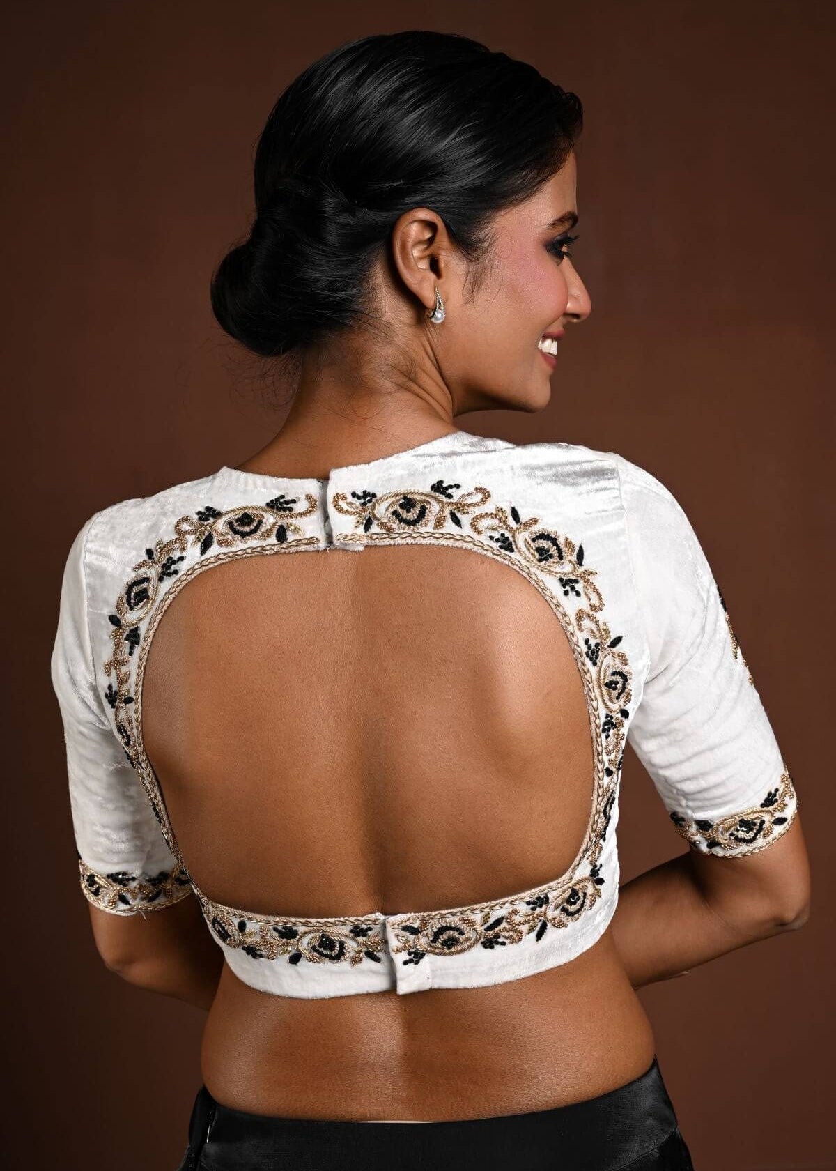 White Embroidered Blouse in Velvet with Half Sleeves and Back Cutout - Anvi Couture