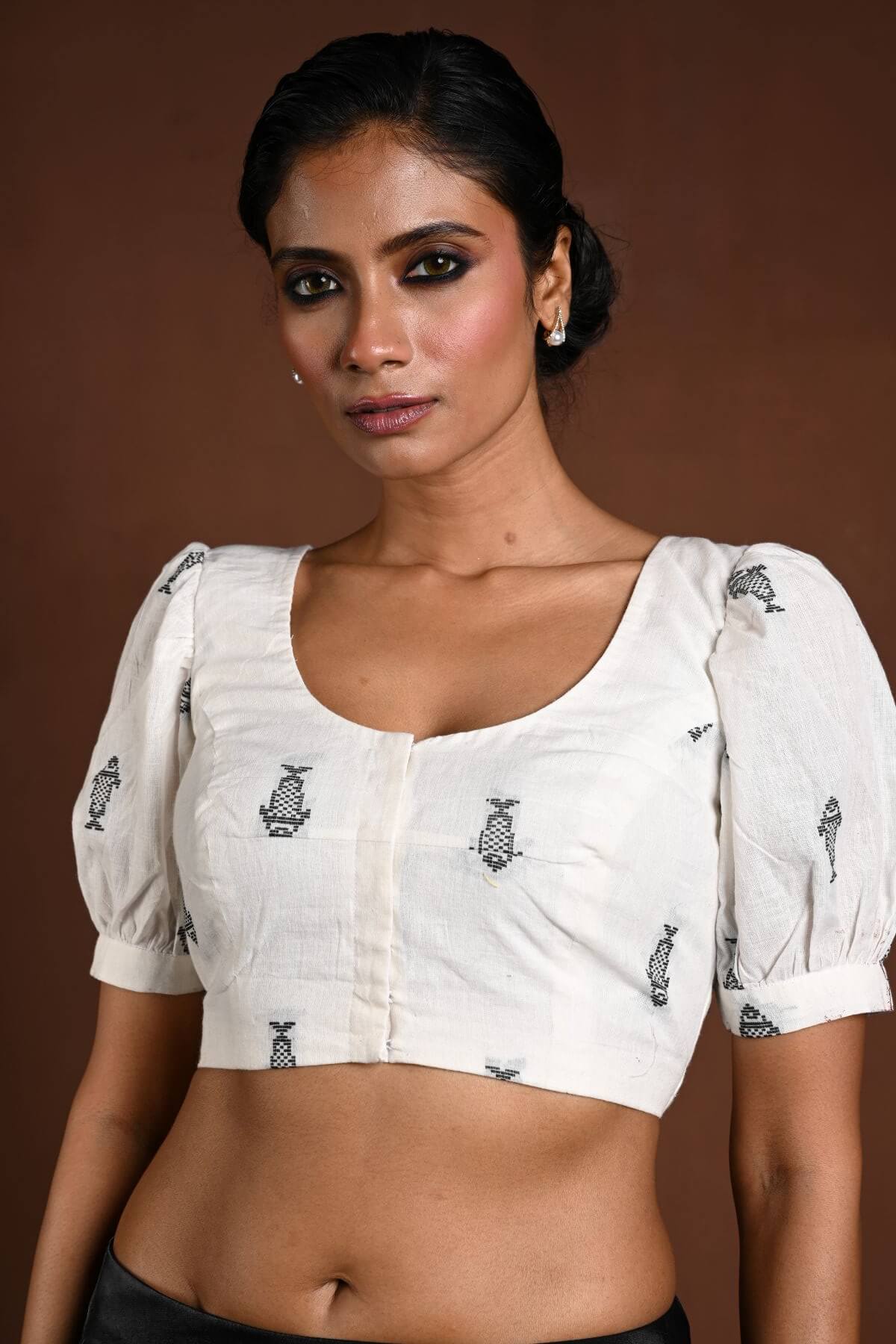 White Puff Sleeve Cotton Blouse with Fish Motifs - Anvi Couture