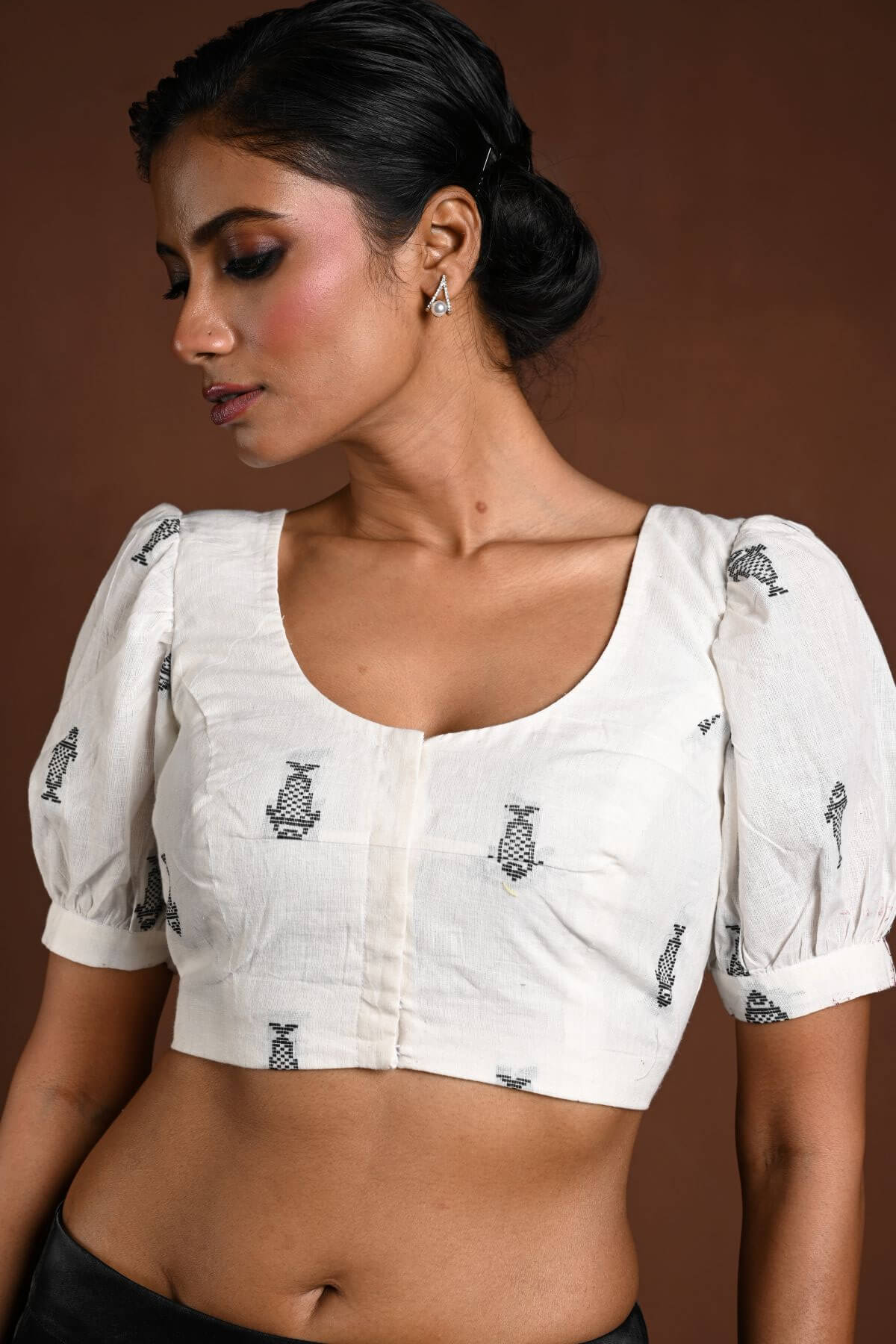 White Puff Sleeve Cotton Blouse with Fish Motifs - Anvi Couture