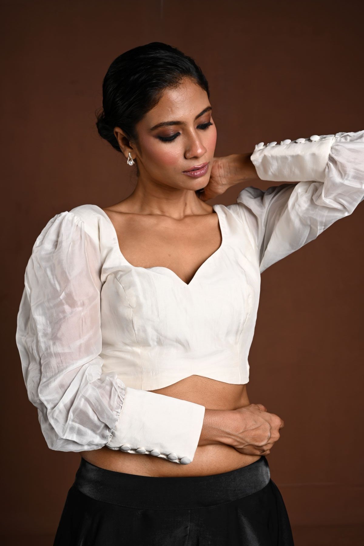 White Vintage Puff Sleeve Blouse with Sweetheart Neckline - Anvi Couture