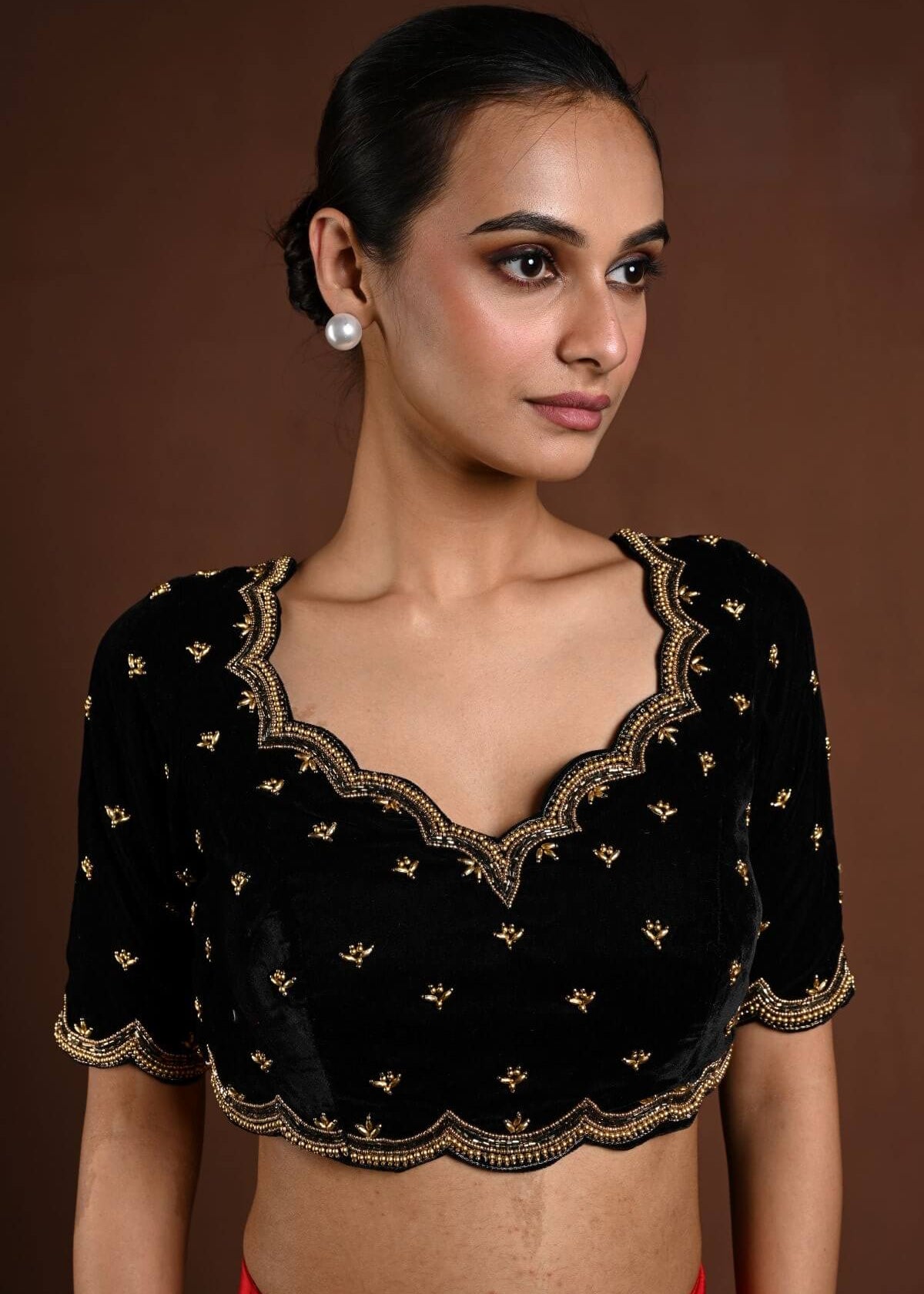 Black Velvet Hand Embroidered Aari Work Blouse with Sweetheart Neckline - Anvi Couture