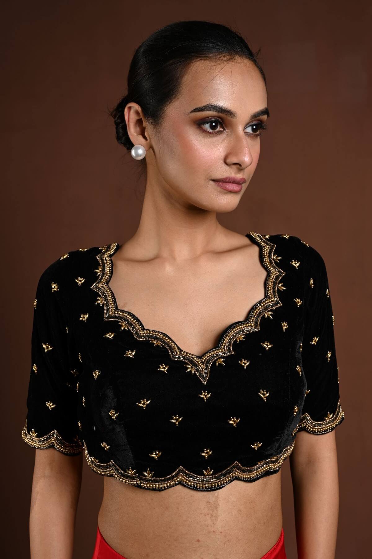 Black Velvet Hand Embroidered Aari Work Blouse with Sweetheart Neckline - Anvi Couture