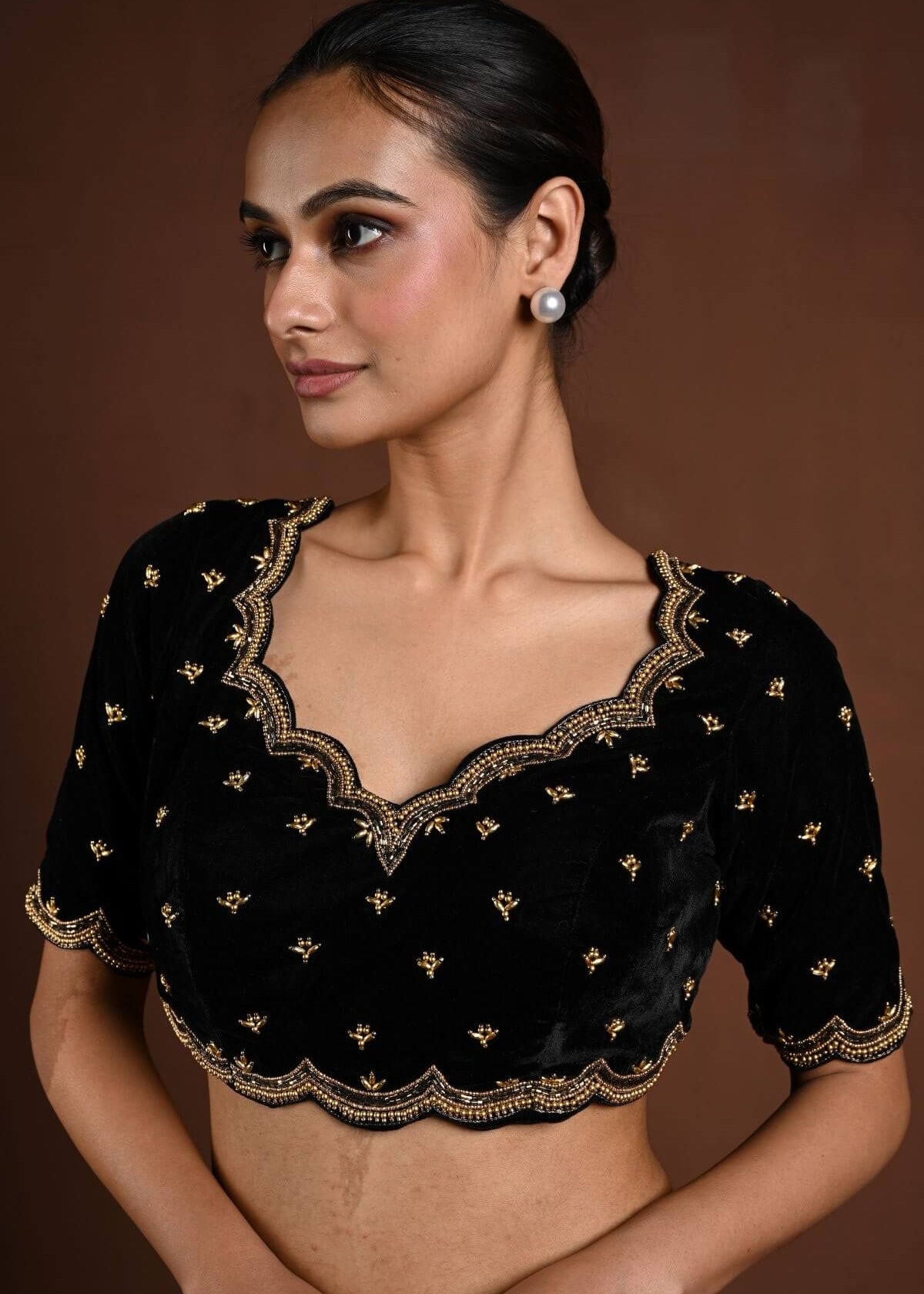 Black Velvet Hand Embroidered Aari Work Blouse with Sweetheart Neckline - Anvi Couture