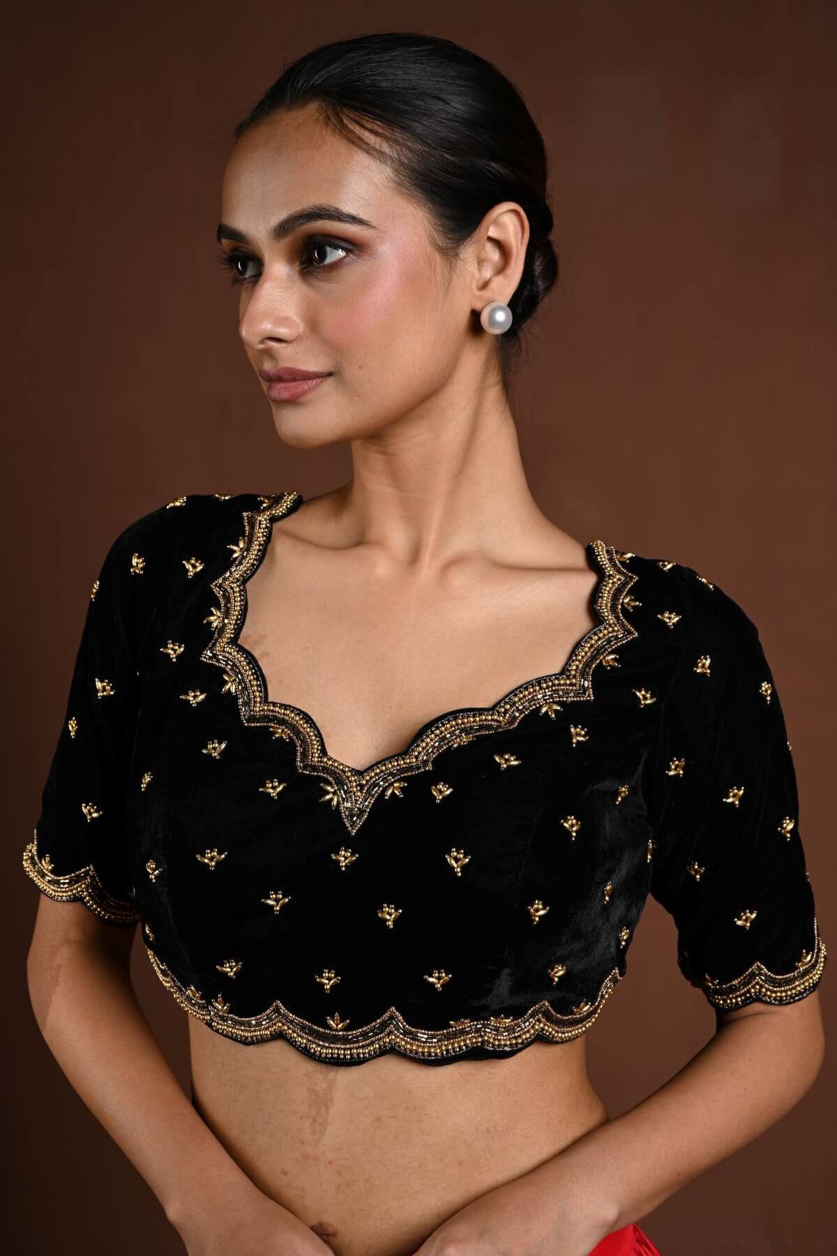 Black Velvet Hand Embroidered Aari Work Blouse with Sweetheart Neckline - Anvi Couture