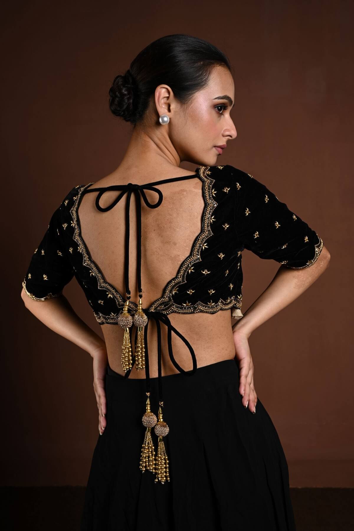 Black Velvet Hand Embroidered Aari Work Blouse with Sweetheart Neckline - Anvi Couture